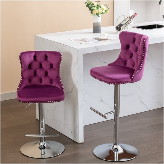 JERFIT 2-Pack Purple Velvet Swivel Bar Stools with Backs, Adjustable Height Kitchen Island Stools, Upholstered Counter Stools for Home Pub Dining Room