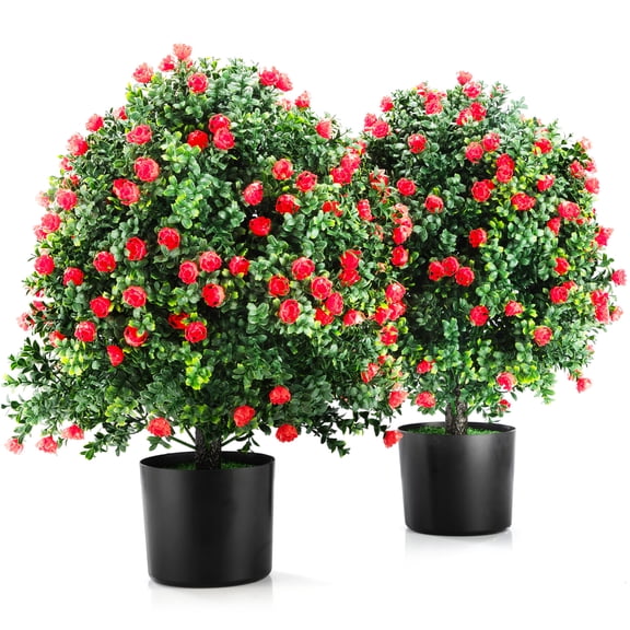 JERFIT 2-Pack Red Artificial Rose Topiary Trees in Planters, 21.6" UV Resistant Faux Outdoor Decor for Garden, Patio, Porch, Indoor Home