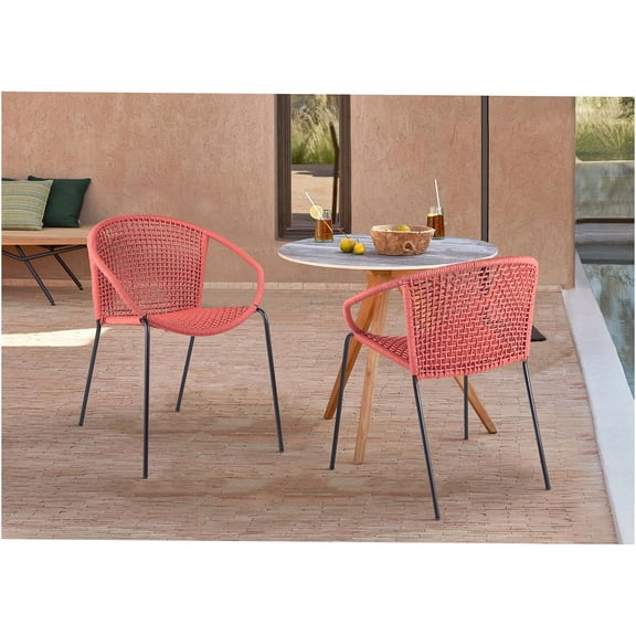 JERFIT 2-Pack Stackable Steel Dining Chairs with Woven Red Rope Seat, Indoor Outdoor Use, Black Frame, No Assembly Required