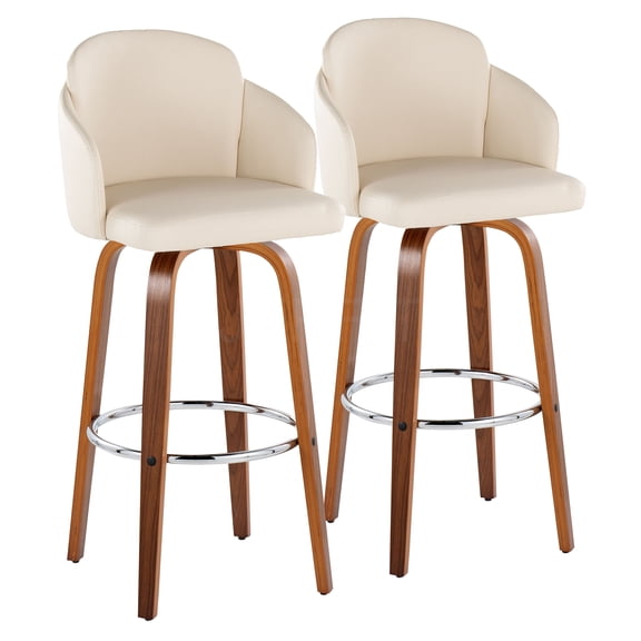 JERFIT 2-Pack Swivel Bar Stools, Cream Faux Leather Upholstery with Walnut Finish Legs and Chrome Footrest, Counter Height Modern Kitchen Island Stools