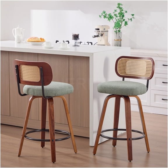 JERFIT 2-Pack Swivel Bar Stools with Rattan Back & Light Green Linen Seat, Counter Height Stools for Kitchen Island, Farmhouse Dining Room Decor