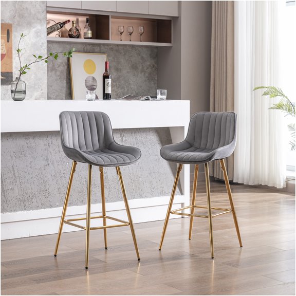 JERFIT 2-Pack Velvet Bar Stools with Chrome Footrest, Modern Counter Height Stools for Kitchen Island, Dining, Living Room, Gray