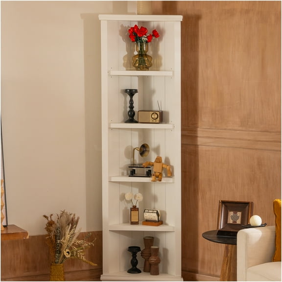 JERFIT 2-Pack White 5-Tier Corner Bookshelf, Freestanding Triangle Bookcase with Adjustable Shelves for Living Room, Office, Bedroom Storage