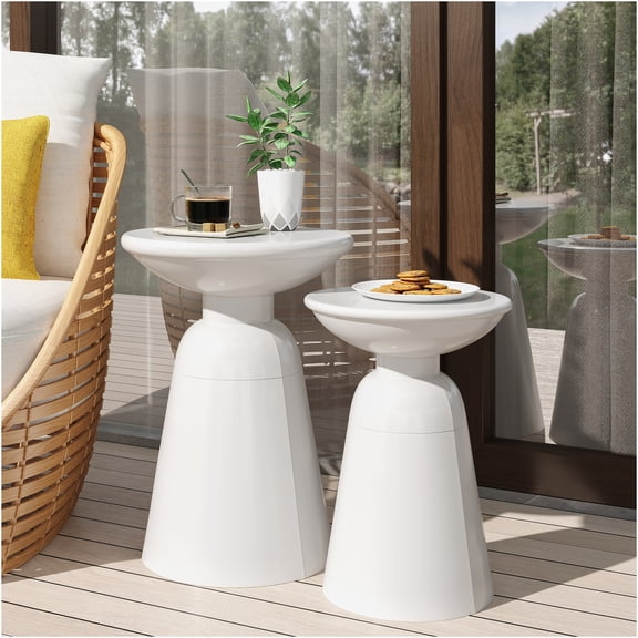JERFIT 2-Pack White Outdoor Side Tables with Flared Pedestal Base, Small Patio End Tables for Garden, Pool, Porch, Living Room, Iron Metal Accent Table Set