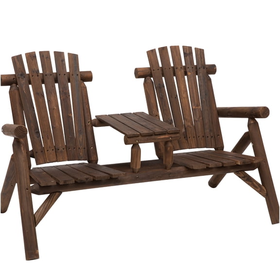 JERFIT 2-Person Carbonized Wood Adirondack Loveseat Bench with Center Table, Outdoor Patio Furniture Set for Garden, Deck, Porch