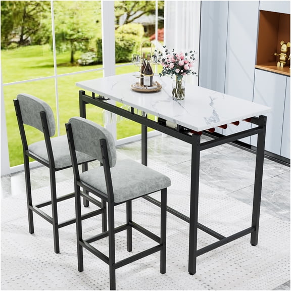 JERFIT 2-Person Counter Height Dining Table Set with Marble Top, 2 Upholstered Stools, Compact Bistro Set for Kitchen, Breakfast Nook, Apartment, Gray and Black