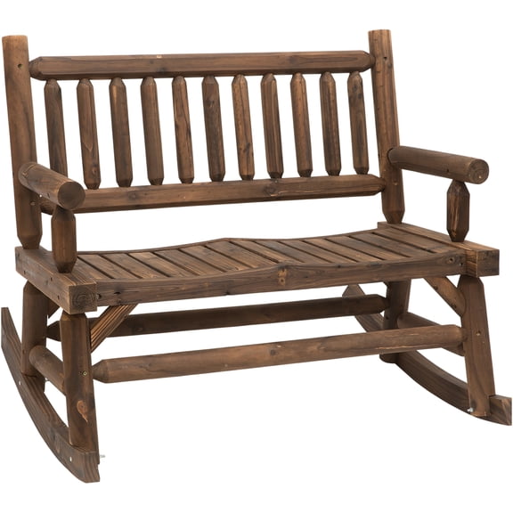 JERFIT 2-Person Log Rocking Chair for Porch, Heavy Duty Wooden Loveseat Bench with Wide Curved Seat for Garden, Patio, Backyard, Walnut Finish