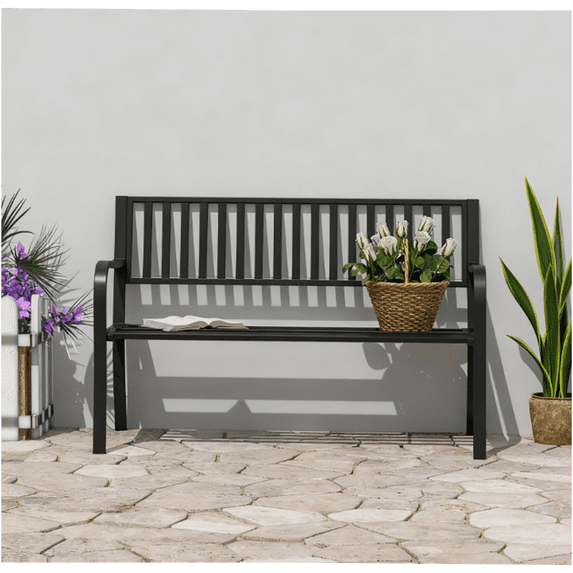 JERFIT 2-Person Outdoor Metal Garden Bench with Back, Black Steel Patio Bench for Porch, Lawn, Yard