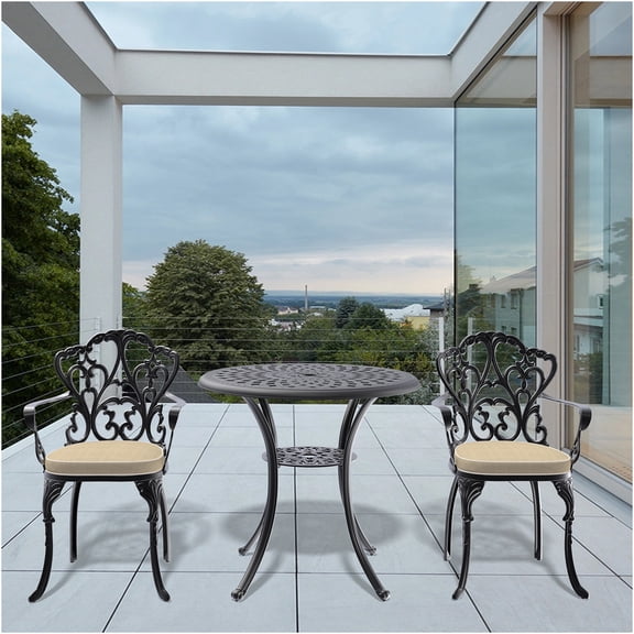 JERFIT 2-Person Outdoor Patio Dining Set with Round Table, 2 Chairs & Beige Cushions, All-Weather Cast Aluminum Bistro Set for Garden, Balcony, Black