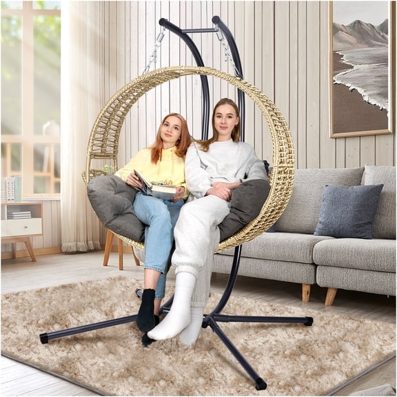JERFIT 2-Person Oversized Hanging Egg Chair with Stand, Outdoor Swing Chair with Convertible Recliner, All-Weather Cushion & 700LB Capacity, Gray and Yellow