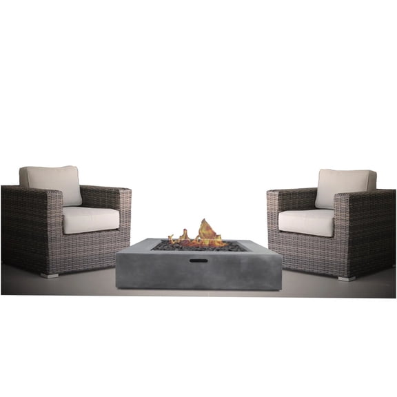 JERFIT 2-Person Propane Fire Pit Patio Set with Cushions, Brown Wicker Chairs & Gray Cushions, No Assembly Required