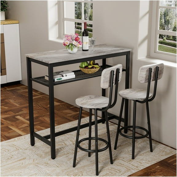 JERFIT 2-Person Pub Table Set with 2 Stools, Grey Space-Saving Counter Height Dining Table for Kitchen, Breakfast Nook, Apartment, Bar, Party Room