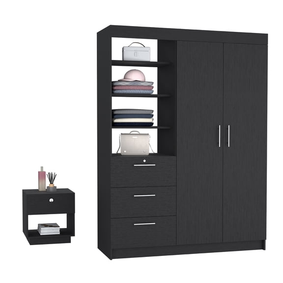 JERFIT 2-Piece Armoire and Nightstand Set with Hanging Space, Drawers & Shelves for Bedroom Storage, Black