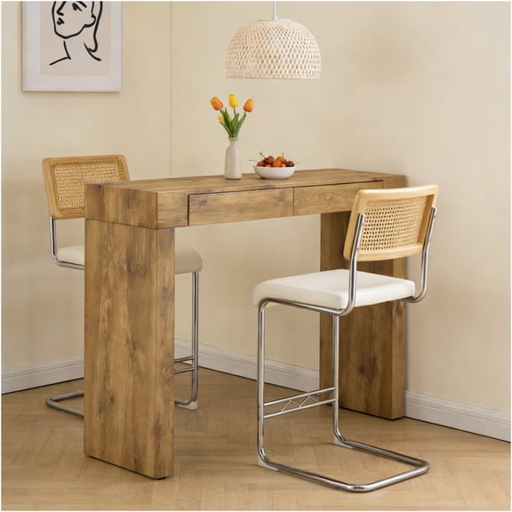 JERFIT 2-Piece Bar Table and Stool Set with Storage Drawers, White PU Leather Counter Stools and Wood Grain Bistro Table for Kitchen, Cafe, Dining Room