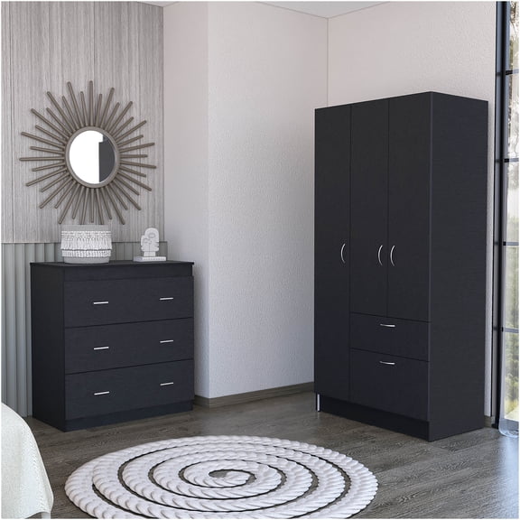 JERFIT 2-Piece Bedroom Set with Armoire and Dresser, Black Particle Board Storage Furniture for Bedroom