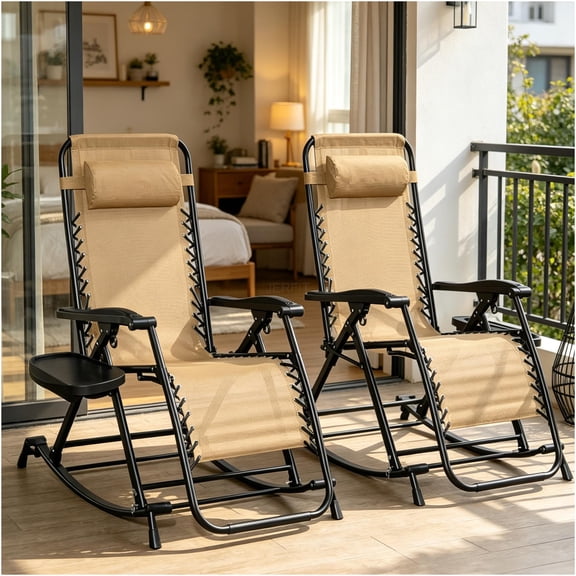 JERFIT 2-Piece Beige Folding Reclining Outdoor Rocking Chairs with Steel and Mesh Build