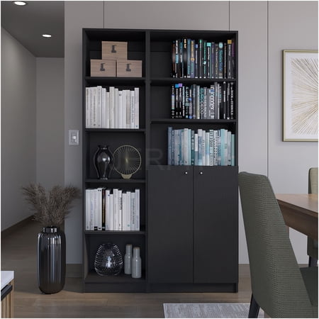 JERFIT 2-Piece Bookcase Set with 8 Open Shelves & Double Door Cabinet, 42" Wide Storage Book Shelf for Living Room, Office, Bedroom, Black