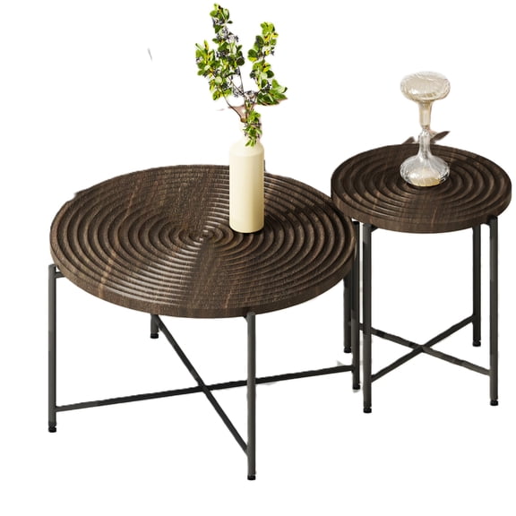 JERFIT 2-Piece Coffee Table and End Table Set, Rustic Cylindrical Design with Waterproof Wood Grain Top, Sturdy Metal Legs, Walnut Brown