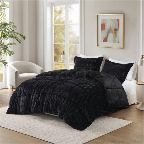 JERFIT 2-Piece Faux Fur Comforter Set for Twin/Twin XL Bed - Plush Reversible Black Faux Mink Bedding, Ultra Soft & Hypoallergenic