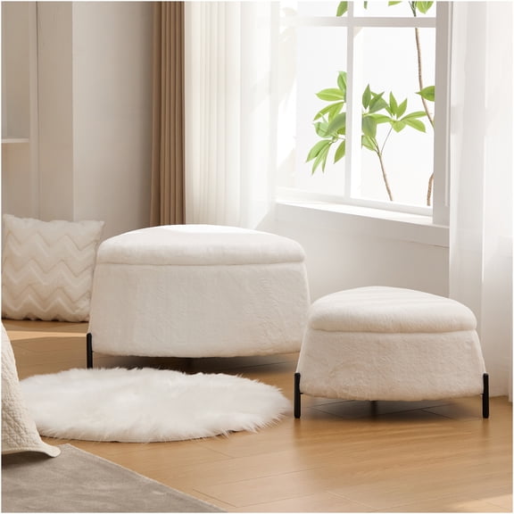 JERFIT 2-Piece Faux Fur Storage Ottoman Set with Reversible Tray Top, Foot Rest Stool for Living Room, Bedroom, Ivory