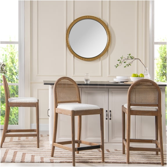 JERFIT 2-Piece Ivory White Boucle Fabric Counter Stools with Rattan Back and Brass Footrest