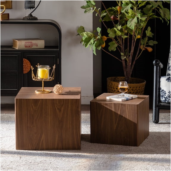 JERFIT 2-Piece Nesting Cube End Tables Set, Natural Wood Grain MDF Side Tables for Small Spaces, Fully Assembled Modern Nightstand & Coffee Table for Living Room, Bedroom