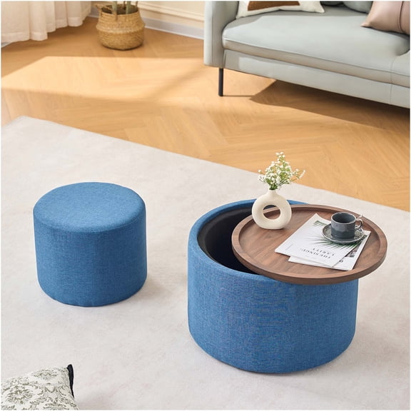 JERFIT 2-Piece Nesting Ottoman Set with Wood Tray, Round Storage Footstool Bench for Living Room, Blue Linen