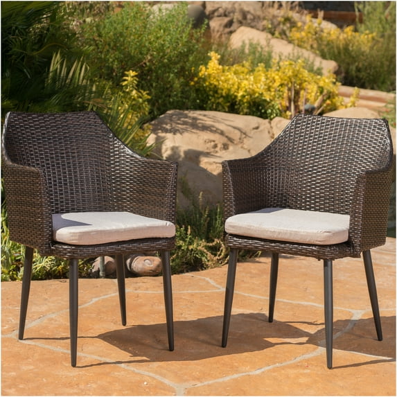 JERFIT 2-Piece Outdoor Patio Dining Chairs Set, Brown All-Weather PE Rattan Armchairs with Waterproof Cushions