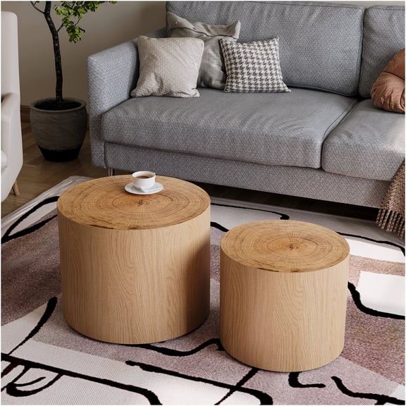 JERFIT 2-Piece Round Nesting Coffee Table Set with Real Tree Ring Tops, Natural Wood End Tables for Living Room, Bedroom, Office & Small Spaces
