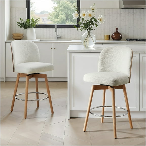 JERFIT 2-Piece Swivel Bar Stools with Boucle Upholstery, White Modern Counter Height Stools with Padded Seat and Chrome Footrest