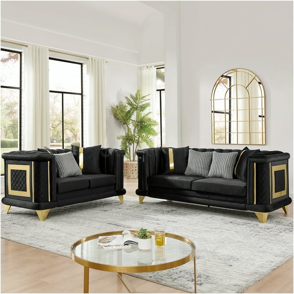 JERFIT 2-Piece Velvet Sofa Set with Gold Metal Trim, Tufted Mid-Century Modern 3-Seater and Loveseat for Living Room, Black
