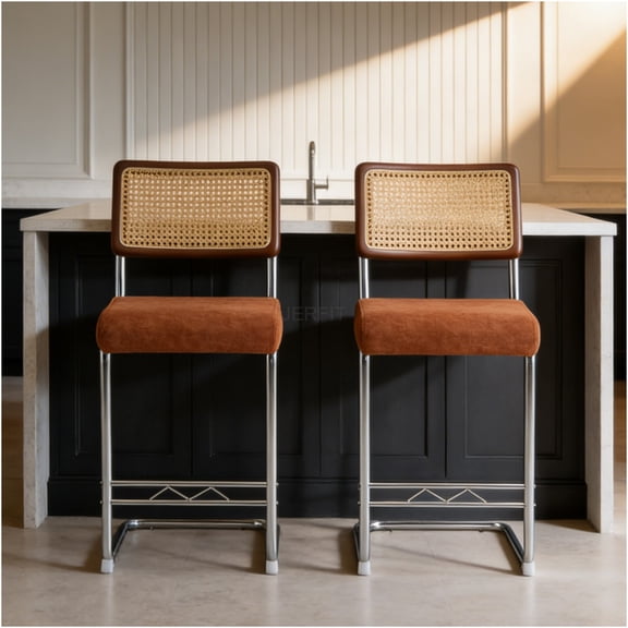 JERFIT 2-Piece Woven Rattan Bar Stool Set with Velvet Cushion, Modern Farmhouse Counter Stools for Kitchen Island, Dining & Cafe