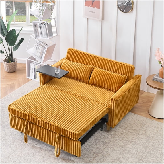 JERFIT 2-Seater Convertible Corduroy Sofa Bed with Pull-Out Table, USB Charging Ports, and Adjustable Backrest, Yellow