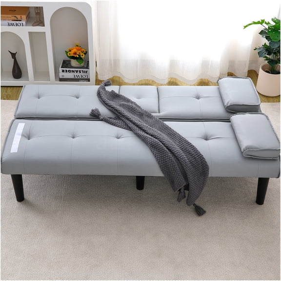 JERFIT 2-Seater Convertible Sofa Bed with Cup Holders, Light Gray Folding Sleeper Couch for Small Space Living Room, Dorm, Apartment