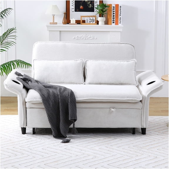 JERFIT 2-Seater Corduroy Sofa Bed with Adjustable Backrest, Pull-Out Sleeper, Side Pockets, Beige Letter Stripe Fabric for Living Room, Apartment