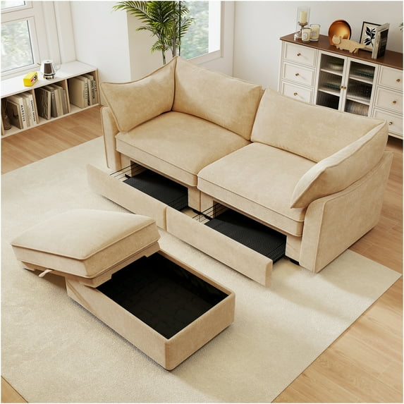 JERFIT 2-Seater Storage Sofa with Ottoman, Soft Chenille Fabric, Wheat Color, Modern Living Room Accent Chair with Hidden Compartments