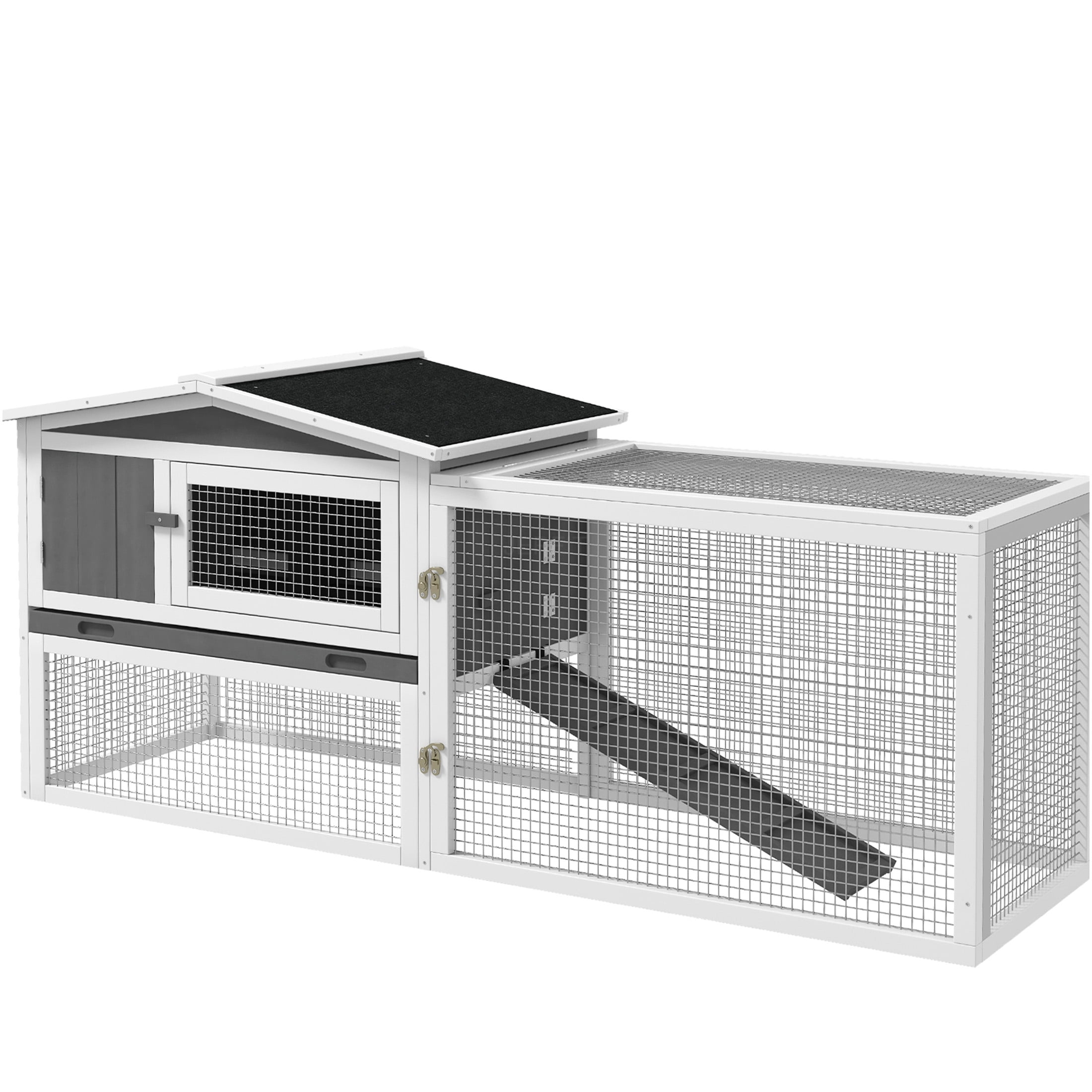 JERFIT 2-Story Outdoor Rabbit Hutch with Waterproof Asphalt Roof, Detachable Run & Slide-Out Tray, Large Wooden Bunny Cage House for Indoor Outdoor Use, Light Gray
