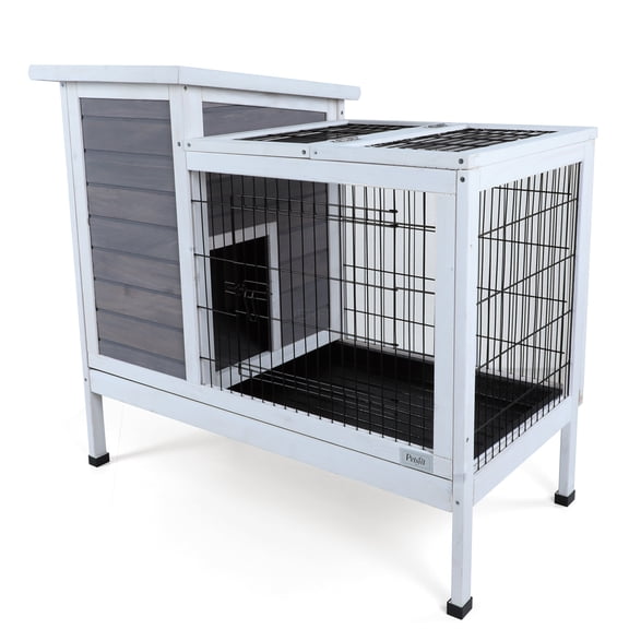 JERFIT 2-Story Outdoor Rabbit Hutch with Waterproof Roof & Leak-Proof Tray, Spacious Wooden Cage for Rabbits, Guinea Pigs, Ferrets, Grey