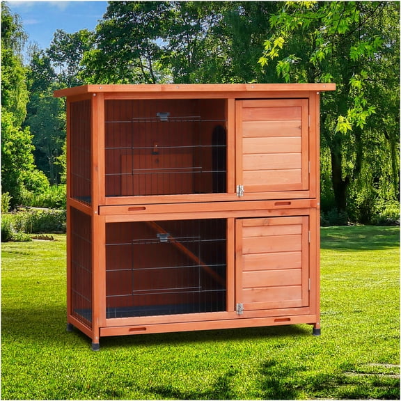 JERFIT 2-Story Rabbit Hutch with Outdoor Run, Natural Wood & Metal Bunny Cage, Waterproof Roof, No-Leak Pull-Out Trays, Non-Slip Ramp for Rabbits & Small Animals