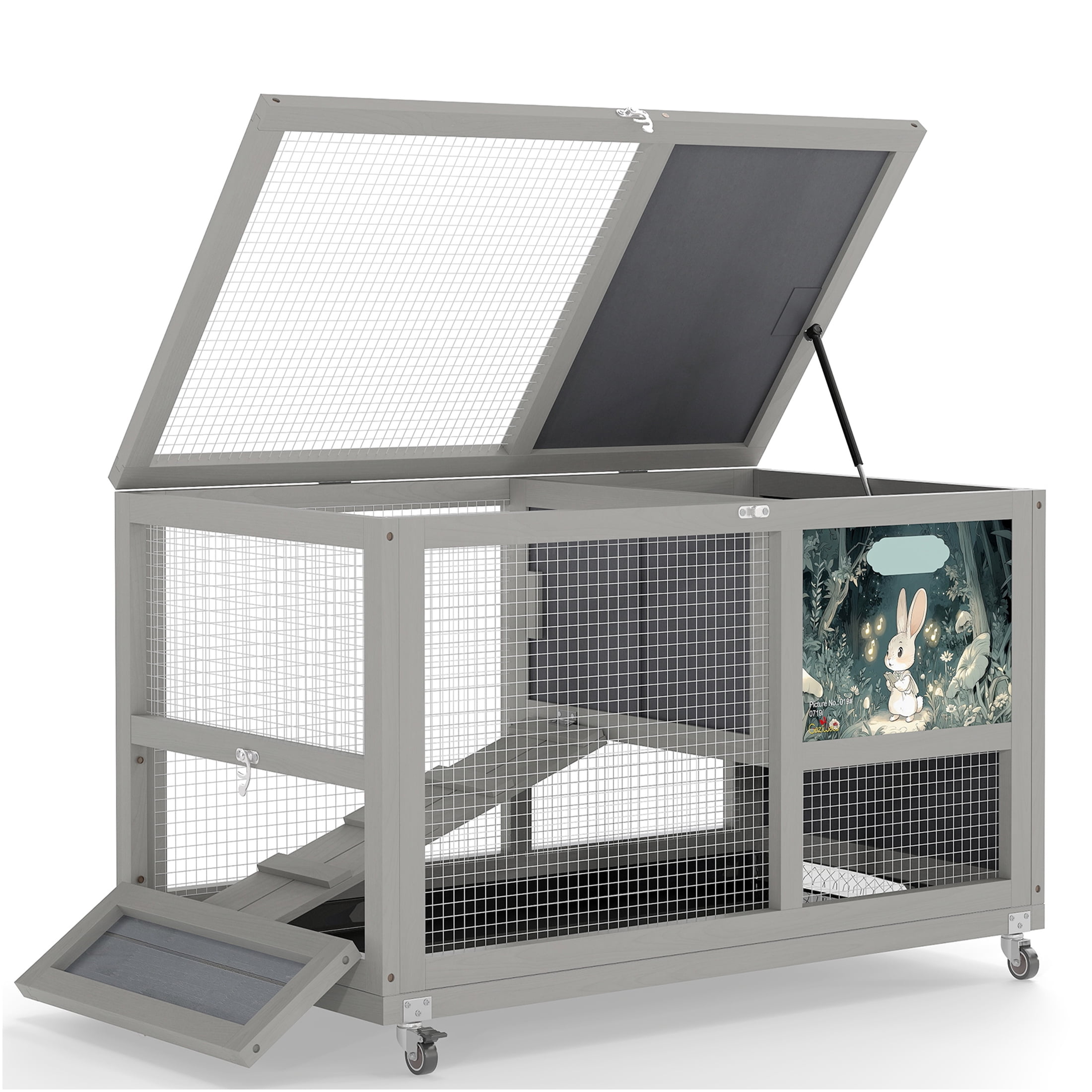JERFIT 2-Story Rabbit Hutch with Wheels, Outdoor Indoor Wooden Bunny Cage with Removable Tray, Openable Roof & Ramp, Chew-Proof Gray Pet House for Rabbits, Guinea Pigs, Small Animals