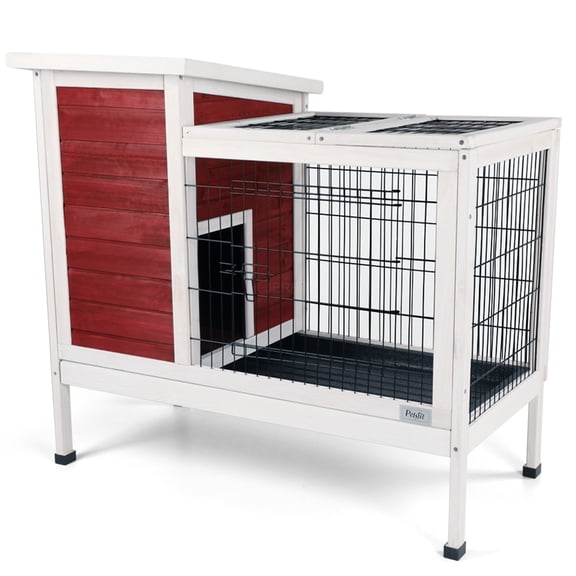 JERFIT 2-Story Rabbit Hutch with Outdoor Run, Leak-Proof Tray & Waterproof Roof - Solid Wood Cage for Rabbits, Guinea Pigs, Ferrets