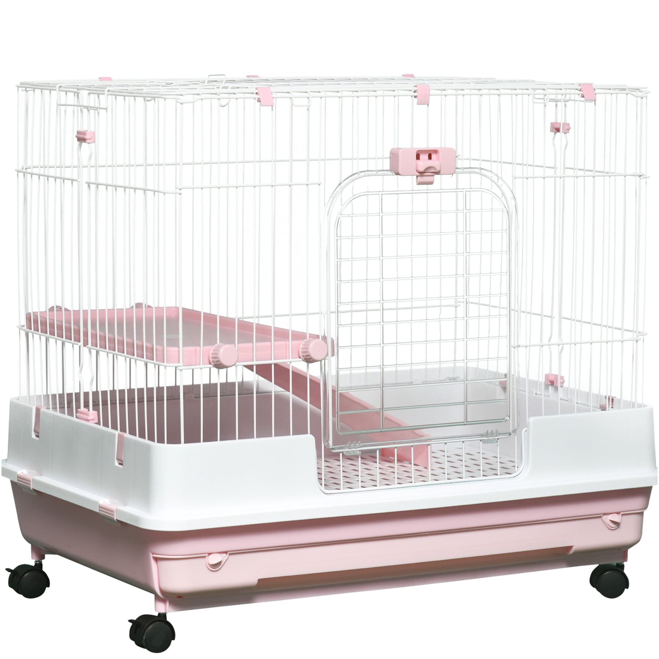 JERFIT 2-Tier Indoor Rabbit Hutch with Wheels, Removable Tray & Ramp, Small Animal Cage for Rabbits, Chinchillas, Ferrets, Guinea Pigs, Pink