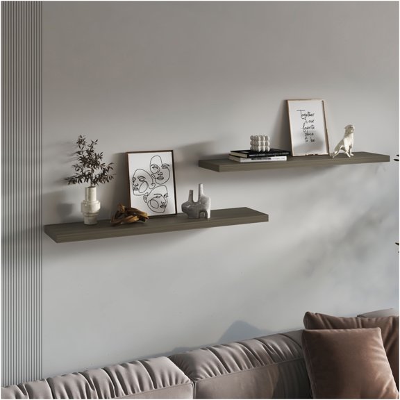 JERFIT 2-Tier Olive Wood Shelves for Wall, 1.5" H Compact Display Shelf for Living Room, Bedroom, Kitchen