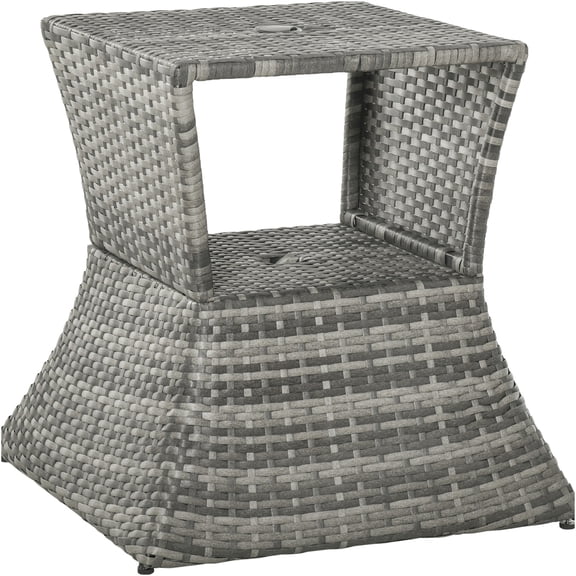 JERFIT 2-Tier Outdoor Side Table with Umbrella Hole, All-Weather PE Wicker & Metal Patio End Table for Garden, Poolside, Backyard, Grey