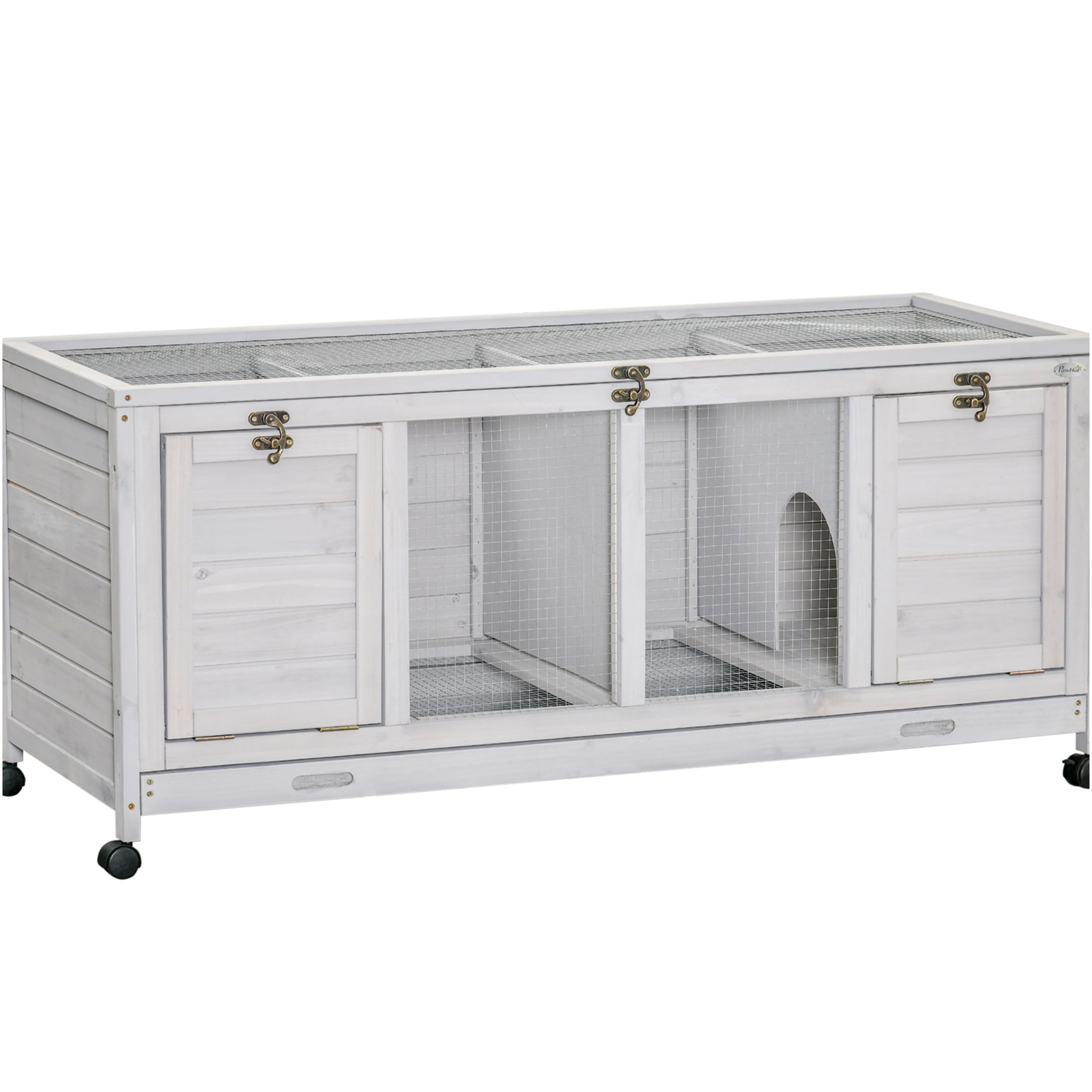 JERFIT 2-Tier Rabbit Hutch with Wheels, Gray Wooden Bunny Cage w/ Openable Roof, Divider Panel & Pull-Out Tray for Indoor/Outdoor Small Pets