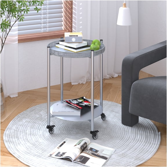 JERFIT 2-Tier Rolling Coffee Table with Locking Wheels, Mobile End Table for Living Room, Bedroom, Silver Gray Metal Side Table, Nightstand