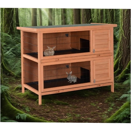 JERFIT 2-Tier Wooden Rabbit Hutch with Outdoor Run, Pull-Out Tray & Waterproof Asphalt Roof, Small Animal Cage House for Rabbits, Guinea Pigs, Bunnies