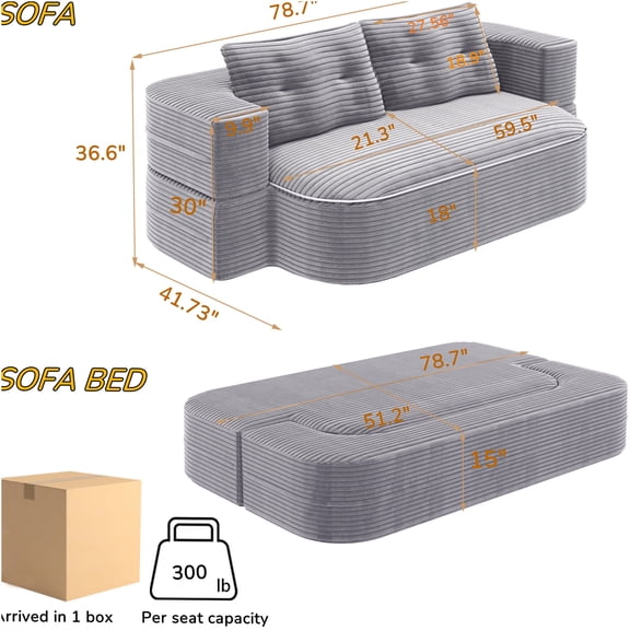 JERFIT 2-in-1 Convertible Sleeper Sofa Bed with Pillows & Blanket, Foldable Floor Couch, Plush Corduroy Fabric for Living Room, Apartment, Dorm - Light Grey