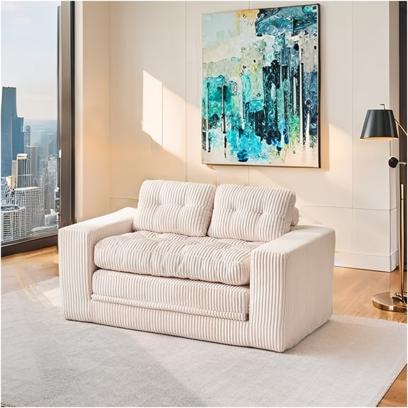 JERFIT 2-in-1 Convertible Sofa Bed Loveseat with Memory Foam, No Assembly Required, Corduroy Fabric Sleeper Couch for Small Space, Apartment, Dorm, Beige