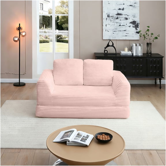 JERFIT 2-in-1 Convertible Sofa Bed, Modern Corduroy Sleeper Loveseat with Pull-Out Bed & Pillows, No Assembly Required, Pink Futon for Living Room, Apartment